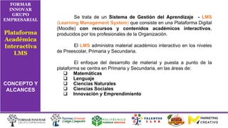 FORMAR
INNOVAR
GRUPO
EMPRESARIAL
Plataforma
Académica
Interactiva
LMS
CONCEPTO Y
ALCANCES
Se trata de un Sistema de Gestión del Aprendizaje - LMS
(Learning Management System) que consiste en una Plataforma Digital
(Moodle) con recursos y contenidos académicos interactivos,
producidos por los profesionales de la Organización.
El LMS administra material académico interactivo en los niveles
de Preescolar, Primaria y Secundaria.
El enfoque del desarrollo de material y puesta a punto de la
plataforma se centra en Primaria y Secundaria, en las áreas de:
 Matemáticas
 Lenguaje
 Ciencias Naturales
 Ciencias Sociales
 Innovación y Emprendimiento
 