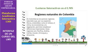 FORMAR
INNOVAR
GRUPO
EMPRESARIAL
Plataforma
Académica
Interactiva
LMS
INTERFAZ
DE UN
CURSO DEL
LMS
Lecturas Interactivas en el LMS
 