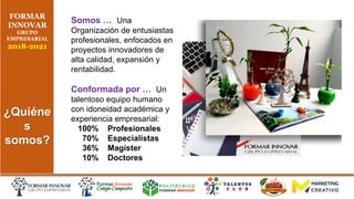 Somos … Una
Organización de entusiastas
profesionales, enfocados en
proyectos innovadores de
alta calidad, expansión y
rentabilidad.
Conformada por … Un
talentoso equipo humano
con idoneidad académica y
experiencia empresarial:
100% Profesionales
70% Especialistas
36% Magíster
10% Doctores
FORMAR
INNOVAR
GRUPO
EMPRESARIAL
2018-2021
¿Quiéne
s
somos?
 