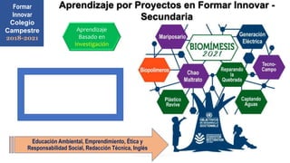 Aprendizaje
Basado en
Investigación
Educación Ambiental, Emprendimiento, Ética y
Responsabilidad Social, Redacción Técnica, Inglés
Formar
Innovar
Colegio
Campestre
2018-2021
Aprendizaje por Proyectos en Formar Innovar -
Secundaria
 