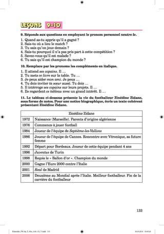 ф
 щ ш
9. Reponds aux questions en employant le pronom personnel neutre le.
1. Quand as-tu appris qu’il a gagne ?
2. Sais-tu ой a lieu le match ?
3. Tu sais qu’on joue demain ?
4. Sais-tu pourquoi il n’a pas pris part ä cette competition ?
5. Savez-vous qu’il est malade ?
6. Tu sais qu’il est champion du monde ?
10. Remplace par les pronoms les complements en italique.
1. II attend ses copains. I I ...
2. Tu mets ce livre sur la table. Tu ...
3. Je рейх aider топ ami. Je рейх ...
4. Tu dois inviter ta soeur aussi. Tu dois ...
5. II interroge ses copains sur leurs projets. I I ...
6. Ils regardent ce tableau avec un grand interet. I I ...
11. Le tableau ci-dessous presente la vie du footballeur Zinedine Zidane,
sous forme de notes. Pour une notice biographique, ecris un texte coherent
presentant Zinedine Zidane.
Zinedine Zidane
1972 Naissance (Marseille). Parents d’origine algerienne
1976 Commence ä jouer football
1984 Joueur de l’equipe de Septieme-les-Vallons
1986 Joueur de l’equipe de Cannes. Rencontre avec Veronique, sa future
femme
1992 Depart pour Bordeaux. Joueur de cette equipe pendant 4 ans
1996 Juventus de Turin
1998 Regois le « Ballon d’or ». Champion du monde
2000 Gagne l’Euro 2000 contre l’ltalie
2001 Real de Madrid
2006 Deuxieme au Mondial apres l’ltalie. Meilleur footballeur. Fin de la
carriere du footballeur
133
Klimenko_FM-Sp_P_6fra_(166-13)_V.indd 133 30.05.2014 10:45:20
 