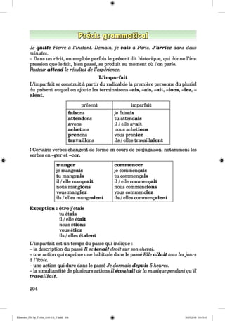 <§>
Je quitte Pierre a Vinstant. Demain, je vais a Paris. J ’arrive dans deux
minutes.
- Dans un recit, on emploie parfois le present dit historique, qui donne l’im-
pression que le fait, bien passe, se produit au moment ou l’on parle.
Pasteur attend le resultat de Vexperience.
L ’im parfait
L ’imparfait se construit a partir du radical de la premiere personne du pluriel
du present auquel on ajoute les terminaisons -ais, -ais, -ait, -ions, -iez, -
aient.
#
present imparfait
faisons
attendons
avons
achetons
prenons
travaillons
je faisais
tu attendais
il /elle avait
nous achetions
vous preniez
ils /elles travaillaient
! Certains verbes changent de forme en cours de conjugaison, notamment les
verbes en -g er et -cer.
m anger com m encer
je mangeais je commengais
tu mangeais tu commengais
il /elle mangeait il /elle commengait
nous mangions nous commencions
vous mangiez vous commenciez
ils /elles mangeaient ils /elles commengaient
E xcep tion : etre j ’etais
tu etais
il /elle etait
nous etions
vous etiez
ils /elles etaient
L ’imparfait est un temps du passe qui indique :
- la description du passe II se tenait droit sur son cheval.
- une action qui exprime une habitude dans le passe Elle allait tous lesjours
a Vecole.
- une action qui dure dans le passe Je dormais depuis 5 heures.
- la simultaneity de plusieurs actions II ecoutait de la musiquependant qu’il
travaillait.
204
Klimenko_FM-Sp_P_6fra_(166-13)_V.indd 204 30.05.2014 10:45:43
 