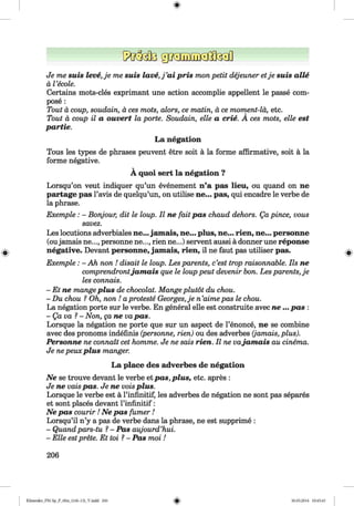 ф
ф
Je me swis leve,je me suis la v e ,j’a i p ris mon petit dejeuner etje suis a lle
a Vecole.
Certains mots-cles exprimant une action accomplie appellent le passe com­
pose :
Tout a coup, soudain, a ces mots, alors, ce matin, a ce moment-la, etc.
Tout a coup il a ouvert la porte. Soudain, elle a crie. A ces mots, elle est
partie.
La negation
Tous les types de phrases peuvent etre soit a la forme affirmative, soit a la
forme negative.
A quoi sert la negation ?
Lorsqu’on veut indiquer qu’un evenement n’a pas lieu, ou quand on ne
partage pas l’avis de quelqu’un, on utilise ne... pas, qui encadre le verbe de
la phrase.
Exemple : - Bonjour, dit le loup. II ne fait pas chaud dehors. Qa pince, vous
savez.
Les locutions adverbiales ne...jamais, ne... plus, ne... rien, ne... personne
(oujamais ne..., personne ne..., rien ne...) servent aussi a donner une reponse
negative. Devant personne, jamais, rien, il ne faut pas utiliser pas.
Exemple : - Ah non ! disait le loup. Les parents, c’est trop raisonnable. Ils ne
comprendrontjam ais que le loup peut devenir bon. Les parents, je
les connais.
- Et ne mangeplus de chocolat. Mange plutot du chou.
- Du chou ? Oh, non ! aproteste Georges, je n’aime pas le chou.
La negation porte sur le verbe. En general elle est construite avec n e ...pas :
-Q a v a ? - Non, да ne vapas.
Lorsque la negation ne porte que sur un aspect de Гёпопсё, ne se combine
avec des pronoms inddfinis (personne, rien) ou des adverbes (jamais, plus).
Personne ne connait cet homme. Je ne sais rien. Il ne vajam ais au cinema.
Je neрейх plus manger.
La place des adverbes de negation
N e se trouve devant le verbe etpas, plus, etc. apres :
Je ne vais pas. Je ne vois plus.
Lorsque le verbe est a l’infmitif, les adverbes de ndgation ne sont pas sdpards
et sont placds devant l’infinitif:
N e pas courir! N e pas fum er!
Lorsqu’il n’y a pas de verbe dans la phrase, ne est supprimd :
- Quand pars-tu ?- Pas aujourd’hui.
- Elle estprete. Et toi ?- Pas moi !
206
ФKlimenko_FM-Sp_P_6fra_(166-13)_V.indd 206 30.05.2014 10:45:43
 