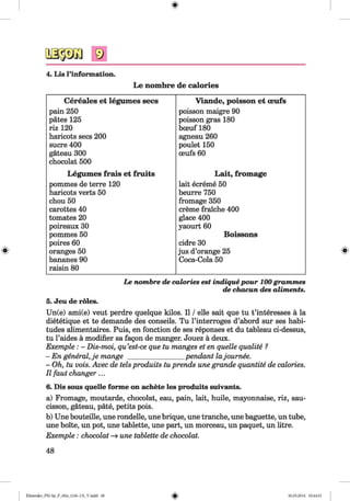 ф
9
4. Lis l’information.
Le nombre de calories
Cereales et legumes secs Viande, poisson et oeufs
pain 250 poisson maigre 90
pates 125 poisson gras 180
riz 120 bceuf180
haricots secs 200 agneau 260
sucre 400 poulet 150
gateau 300 oeufs 60
chocolat 500
Legumes frais et fruits Lait, from age
pommes de terre 120 lait ecreme 50
haricots verts 50 beurre 750
chou 50 fromage 350
carottes 40 creme fraiche 400
tomates 20 glace 400
poireaux 30 yaourt 60
pommes 50 Boissons
poires 60 cidre 30
oranges 50 jus d’orange 25
bananes 90 Coca-Cola 50
raisin 80
Le nombre de calories est indiquepour 100grammes
de chacun des aliments.
5. Jeu de roles.
Un(e) ami(e) veut perdre quelque kilos. II /elle sait que tu t’interesses a la
dietetique et te demande des conseils. Tu l’interroges d’abord sur ses habi­
tudes alimentaires. Puis, en fonction de ses reponses et du tableau ci-dessus,
tu l’aides a modifier sa fagon de manger. Jouez a deux.
Exemple : - Dis-moi, qu’est-ce que tu manges et en quelle qualite ?
- En general, je mange ________________ pendant lajournee.
- Oh, tu vois. Avec de tels produits tu prends une grande quantite de calories.
II faut changer ...
6. Dis sous quelle forme on achete les produits suivants.
a) Fromage, moutarde, chocolat, eau, pain, lait, huile, mayonnaise, riz, sau-
cisson, gateau, pate, petits pois.
b) Une bouteille, une rondelle, une brique, une tranche, une baguette, un tube,
une boite, un pot, une tablette, une part, un morceau, un paquet, un litre.
Exemple : chocolat - » une tablette de chocolat.
48
Klimenko_FM-Sp_P_6fra_(166-13)_V.indd 48 30.05.2014 10:44:51
 