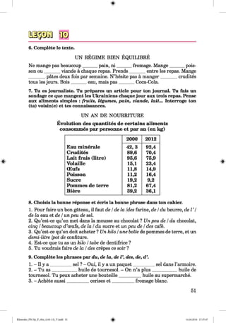 <§>
6. Complete le texte.
UN REGIME BIEN EQUILIBRE
Ne mange pas beaucoup______ pain, n i_______ fromage. Mange_______ pois­
son ou_______ viande ä chaque repas. Prends_______ entre les repas. Mange
_______ pates deux fois par semaine. N ’hesite pas ä manger________crudites
tous les jours. Bois_______ eau, mais pas_______ Coca-Cola.
7. Tu es joumaliste. Tu prepares un article pour ton journal. Tu fais un
sondage ce que mangent les Ukrainiens chaque jour aux trois repas. Pense
aux aliments simples : fruits, legumes, pain, viande, lait... Interroge ton
(ta) voisin(e) et tes connaissances.
UN AN DE NOURRITURE
*
Evolution des quantites de certains aliments
consommes par personne et par an (en kg)
2000 2012
Eau m inerale 42,3 92,4
Crudites 89,6 70,4
Lait frais (litre) 95,6 75,9
Volaille 15,1 23,4
(Eufs 11,8 14,9
Poisson 11,2 16,4
Sucre 19,2 9,2
Pommes de terre 81,2 67,4
Biere 39,2 36,1
8. Choisis la bonne reponse et ecris la bonne phrase dans ton cahier.
1. Pour faire un bon gateau, il faut de /de la Ides farine, de /du beurre, d e l’ /
de la eau et de /un peu de sel.
2. Qu’est-ce qu’on met dans la mousse au chocolat ? Un peu de /du chocolat,
cinq /beaucoup cTceufs, de la /du sucre et un peu de /des cafe.
3. Qu’est-ce qu’on doit acheter ? Un kilo /une boite de pommes de terre, et un
demi-litre Ipot de confiture.
4. Est-ce que tu as un kilo /tube de dentifrice ?
5. Tu voudrais faire de la /des crepes ce soir ?
9. Complete les phrases par du, de la, de V, des, de, d’.
1. - II y a _________ sel ? - Oui, il y a un paquet__________ sel dans l’armoire.
2. - Tu as___________ huile de toumesol. - On n’a plus____________huile de
tournesol. Tu peux acheter une bouteille__________huile au supermarche.
3. - Achete aussi__________cerises e t__________ fromage blanc.
51
Klimenko_FM-Sp_P_6fra_(166-13)_V.indd 51 16.06.2014 17:37:47
 