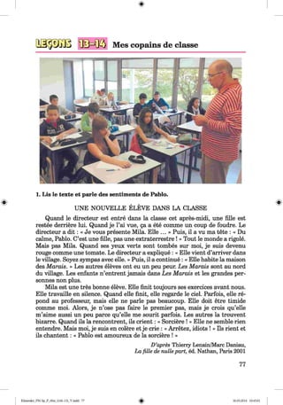 <§>
1. Lis le texte et parle des sentiments de Pablo.
^ , V ^
UNE NOUVELLE ELEVE DANS LA CLASSE
Quand le directeur est entre dans la classe cet apres-midi, une fille est
restee derriere lui. Quand je l’ai vue, ga a ete comme un coup de foudre. Le
directeur a d it: « Je vous presente Mila. Elle ...» Puis, il a vu ma tete : « Du
calme, Pablo. C’est une fille, pas une extraterrestre ! » Tout le monde a rigole.
Mais pas Mila. Quand ses yeux verts sont tombes sur moi, je suis devenu
rouge comme une tomate. Le directeur a explique : « Elle vient d’arriver dans
le village. Soyez sympas avec eile. » Puis, il a continue: « Elle habite la maison
des Marais. » Les autres eleves ont eu un peu peur. Les Marais sont au nord
du village. Les enfants n’entrent jamais dans Les Marais et les grandes per-
sonnes non plus.
Mila est une tres bonne eleve. Elle finit toujours ses exercices avant nous.
Elle travaille en silence. Quand eile finit, eile regarde le ciel. Parfois, eile re­
pond au professeur, mais eile ne parle pas beaucoup. Elle doit etre timide
comme moi. Alors, je n’ose pas faire le premier pas, mais je crois qu’elle
m’aime aussi un peu parce qu’elle me sourit parfois. Les autres la trouvent
bizarre. Quand ils la rencontrent, ils crient: « Sortiere ! » Elle ne semble rien
entendre. Mais moi, je suis en colere et je crie : « Arretez, idiots ! » Ils rient et
ils chantent: « Pablo est amoureux de la sortiere ! »
D’apres T h ie rry L en ain /M arc D a n ia u ,
Lafille de nullepart, ed. N a th a n , P a ris 2001
77
Klimenko_FM-Sp_P_6fra_(166-13)_V.indd 77 30.05.2014 10:45:01
 