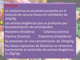 Aminas:
La metilamina se encuentra presente en el
músculo de vacuno fresco en cantidades de
2mg/kg.
Las aminas biogénicas que se producen por
descarboxilación de aminoácidos:
Histamina (histidina) Colamina (serina)
Tiamina (tirosina) Triptamina (triptófano)
Se presentan en una concentración de 10mg/kg.
Por desco´mposicion de bacterias se concentra
fuertemente el contenido de aminas biogénicas.
(1-20g/kg).
 