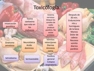 Toxicología.
Intoxicación
paralitica
Toxina
saxitoxina
que esta en
los
moluscos
Sistema
nervioso:
bloque los
canales de
sodio
produce
parálisis. No
existe
antídoto
Después de
30 min.
Endurecimie
nto y
hormigueo
de la boca
Mareos
Dolor de
cabeza
Nauseas
vomito
diarrea
parálisis
Síndrome
amnésico
Neurotóxica
Acido
dominico
Vómitos
retorcijones
Diarrea
Amnesia
coma
tetrodoxina
Parálisis
general
Colapso
respiratorio
termoestable
 