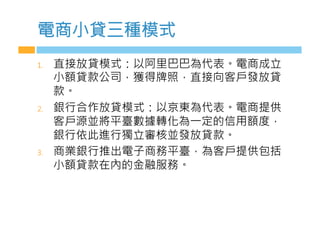 電商小貸三種模式
1.  直接放貸模式：以阿里巴巴為代表。電商成立
小額貸款公司，獲得牌照，直接向客戶發放貸
款。
2.  銀行合作放貸模式：以京東為代表。電商提供
客戶源並將平臺數據轉化為一定的信用額度，
銀行依此進行獨立審核並發放貸款。
3.  商業銀行推出電子商務平臺，為客戶提供包括
小額貸款在內的金融服務。
 