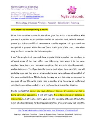 GovindValmikki Shandilya
Numerologist | Law of Attraction Coach
#470, 2
nd
Floor, 13
th
Cross, 3A Main
Indiranagar 2
nd
Stage, Bengaluru-560038
M: +91.9900063216 | www.mybirthsecrets.com
http://www.facebook.com/mybirthsecrets
Numerology & Success Principles--Research | Consultation | Teaching
http://www.mybirthsecrets.com/Disclaimer_and_Statement_of_Purpose.html
New-born Baby Name Consulting | Character Analysis, Name Correction, Remedies & Predictions
Business Numerology | Vocational Guidance | Numerology Education
Your Expression's compatibility is 9 and 1
More than any other number in your chart, your Expression number reflects who
you are as a person. Your Expression number on the other hand, reflects a deeper
part of you. It is more difficult to overcome possible negative traits you may have
recognized in yourself when they are found in this part of the chart, than when
they are found under the Life Path description.
It can’t be emphasized too much how important it is to realize that numbers in
different areas of the chart affect you differently, even when it is the same
number. Sometimes, you may read something that seems to directly contradict
earlier statements. Yet, if you take the time to think about them carefully, you will
probably recognize that you, as a human being, are extremely complex and full of
the same contradictions. This is simply the way we are. You may be organized in
one area of your life, while chaos rules in another area. You may be tactful and
sensitive in one setting, and direct and confrontational in another situation.
Due to the fact that both of you have a tendency towards arrogance as well as to
being somewhat egocentric. It will only work if a certain amount of distance is
maintained. Each of you has to live your own life. Ironically, although difficult, this
is not a bad combination for business relationships, often work very well with this
 