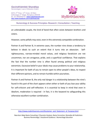 GovindValmikki Shandilya
Numerologist | Law of Attraction Coach
#470, 2
nd
Floor, 13
th
Cross, 3A Main
Indiranagar 2
nd
Stage, Bengaluru-560038
M: +91.9900063216 | www.mybirthsecrets.com
http://www.facebook.com/mybirthsecrets
Numerology & Success Principles--Research | Consultation | Teaching
http://www.mybirthsecrets.com/Disclaimer_and_Statement_of_Purpose.html
New-born Baby Name Consulting | Character Analysis, Name Correction, Remedies & Predictions
Business Numerology | Vocational Guidance | Numerology Education
an unbreakable couple, the kind of bond that often exists between brothers and
sisters.
However, some pitfalls may exist, even in this extremely compatible combination.
Partner A and Partner B, in extreme cases, the number nine shows a tendency to
believe in ideals to such an extent that it turns into an obsession. Self-
righteousness, narrow-minded moral values, and religious fanaticism are not
uncommon, nor are arrogance, pride, and a superficial confidence. That explains
the fact that the number nine is often found among political and religious
extremists. Excessive belief in your ideals may cause problems to your relationship.
It is important for both of you to remain open to other people’s ideas, to respect
their different opinions, and to remain humble within yourselves.
Partner A and Partner B, the only real danger in a relationship between the nine’s
found in this part of the chart appears when either or both of you lose your ability
for self-criticism and self-reflection. It is essential to keep in mind that even in
idealism, moderation is required - in fact, it is the keyword to safeguarding this
otherwise excellent number combination.
 