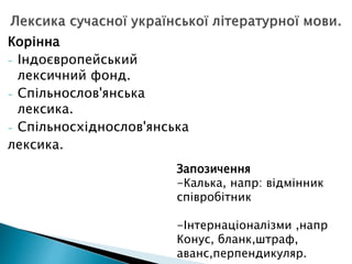 Корінна
- Індоєвропейський
лексичний фонд.
- Спільнослов'янська
лексика.
- Спільносхіднослов'янська
лексика.
Запозичення
-Калька, напр: відмінник
співробітник
-Інтернаціоналізми ,напр
Конус, бланк,штраф,
аванс,перпендикуляр.
 