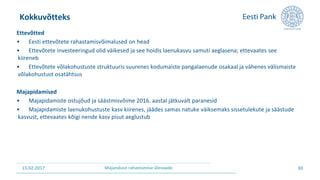 15.02.2017 Majanduse rahastamise ülevaade
Ettevõtted
• Eesti ettevõtete rahastamisvõimalused on head
• Ettevõtete investeeringud olid väikesed ja see hoidis laenukasvu samuti aeglasena; ettevaates see
kiireneb
• Ettevõtete võlakohustuste struktuuris suurenes kodumaiste pangalaenude osakaal ja vähenes välismaiste
võlakohustust osatähtsus
Majapidamised
• Majapidamiste ostujõud ja säästmisvõime 2016. aastal jätkuvalt paranesid
• Majapidamiste laenukohustuste kasv kiirenes, jäädes samas natuke väiksemaks sissetulekute ja säästude
kasvust, ettevaates kõigi nende kasv pisut aeglustub
Kokkuvõtteks
30
 