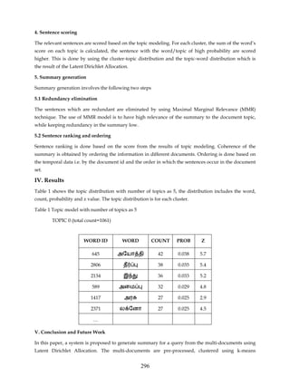 4. Sentence scoring

The relevant sentences are scored based on the topic modeling. For each cluster, the sum of the word’s
score on each topic is calculated, the sentence with the word/topic of high probability are scored
higher. This is done by using the cluster-topic distribution and the topic-word distribution which is
the result of the Latent Dirichlet Allocation.

5. Summary generation

Summary generation involves the following two steps

5.1 Redundancy elimination

The sentences which are redundant are eliminated by using Maximal Marginal Relevance (MMR)
technique. The use of MMR model is to have high relevance of the summary to the document topic,
while keeping redundancy in the summary low.

5.2 Sentence ranking and ordering

Sentence ranking is done based on the score from the results of topic modeling. Coherence of the
summary is obtained by ordering the information in different documents. Ordering is done based on
the temporal data i.e. by the document id and the order in which the sentences occur in the document
set.

IV. Results
Table 1 shows the topic distribution with number of topics as 5, the distribution includes the word,
count, probability and z value. The topic distribution is for each cluster.

Table 1 Topic model with number of topics as 5

        TOPIC 0 (total count=1061)



                        WORD ID            WORD          COUNT       PROB     Z

                            645         அேயா தி             42       0.038    5.7

                           2806            த                38       0.035    5.4

                           2134            இ                36       0.033    5.2

                            589          அைம                32       0.029    4.8

                           1417             அர              27       0.025    2.9

                           2371          ல ேனா              27       0.025    4.5

                            …

V. Conclusion and Future Work

In this paper, a system is proposed to generate summary for a query from the multi-documents using
Latent Dirichlet Allocation. The multi-documents are pre-processed, clustered using k-means


                                                   296
 