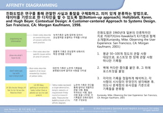 User Research: 몇 가지 방법 소개 © 2014 성균관대학교 일반대학원 휴먼ICT융합학과 교수/InnoUX CEO 최병호
All rights reserved.Main Source: Universal Methods of Design: 100 Ways to Research Complex Problems, Develop Innovative Ideas, and Design Effective Solutions by Bruce Hanington and Bella Martin (Feb 1, 2012)
AFFINITY DIAGRAMMING
108
친화도법은 연구를 통해 관찰한 사실과 통찰을 구체화하고, 의미 있게 분류하는 방법으로,
데이터를 기반으로 한 디자인을 할 수 있도록 함(Bottom-up approach); Holtzblatt, Karen,
and Hugh Beyer. Contextual Design: A Customer-centered Approach to Systems Design.
San Francisco, CA: Morgan Kaufmann, 1998.
녹색기록은 실제 업무에 있어서
관심영역을 포괄하는 주제를 나타냄
분홍색 기록은 관심영역 내에서의
특정 문제를 나타냄
파란색 기록은 노란색 기록들을
분류함으로써 알아낸 사항을 나타냄
노란색 기록은 연구를
통해 알아낸 개별적인
관찰 사항, 통찰,
우려되는 사항, 필요
사항 등을 나타냄. 이
기록들은 친화도법의
기본 구성요임
친화도법은 1960년대 일본의 인류학자인
지로 카와키타Jiro Kawakita가 KJ기법과 함께
소개함(Kuniavsky, Mike. Observing the User
Experience. San Francisco, CA: Morgan
Kaufmann, 2003.)
1. 평균 50~100개 정도의 관찰 사항
대상으로, 포스트잇 한 장에 관찰 사항
하나만 기록함
2. 벽에 커다란 종이를 붙인 후, 그 위에
포스트잇을 붙임
3. 각각의 기록을 정밀하게 해석하고, 각
사항의 시사점이 무엇인지 생각해본 후,
의도나 문제점의 유사성을 기준으로
기록들을 분류함
Kuniavsky, Mike. Observing the User Experience. San Francisco,
CA: Morgan Kaufmann, 2003.
 