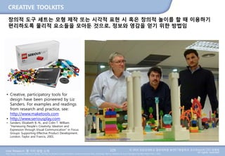 User Research: 몇 가지 방법 소개 © 2014 성균관대학교 일반대학원 휴먼ICT융합학과 교수/InnoUX CEO 최병호
All rights reserved.Main Source: Universal Methods of Design: 100 Ways to Research Complex Problems, Develop Innovative Ideas, and Design Effective Solutions by Bruce Hanington and Bella Martin (Feb 1, 2012)
CREATIVE TOOLKITS
109
창의적 도구 세트는 모형 제작 또는 시각적 표현 시 혹은 창의적 놀이를 할 때 이용하기
편리하도록 물리적 요소들을 모아둔 것으로, 정보와 영감을 얻기 위한 방법임
http://seriousplaypro.com/tag/training-and-certification/
• Creative, participatory tools for
design have been pioneered by Liz
Sanders. For examples and readings
from research and practice, see:
http://www.maketools.com
• http://www.seriousplay.com
• Sanders, Elizabeth B.-N., and Colin T. William.
“Harnessing People’s Creativity: Ideation and
Expression through Visual Communication” in Focus
Groups: Supporting Effective Product Development.
London: Taylor and Francis, 2001.
 
