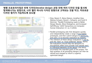 User Research: 몇 가지 방법 소개 © 2014 성균관대학교 일반대학원 휴먼ICT융합학과 교수/InnoUX CEO 최병호
All rights reserved.Main Source: Universal Methods of Design: 100 Ways to Research Complex Problems, Develop Innovative Ideas, and Design Effective Solutions by Bruce Hanington and Bella Martin (Feb 1, 2012)
PARALLEL PROTOTYPING
121
병행 프로토타이핑은 반복 디자인(iterative design) 과정 전에 여러 디자인 안을 동시에
탐색해나가는 방법으로, 너무 빨리 하나의 디자인 방향으로 고착되는 것을 막고, 자유로운
디자인 평가가 가능하도록 유도함
• Dow, Steven P., Alana Glassco, Jonathan Kass,
Melissa Schwarz, Daniel L. Schwartz, and Scott R.
Klemmer. “Parallel Prototyping Leads to Better
Design Results, More Divergence, and Increased
Self-Efficacy.” ACM Transactions on Computer-
Human Interaction 17, no. 4 (2010).
• Parallel prototyping asks that designers quickly
and independently create a range of low-fidelity
prototypes, and then submit designs to testing by
end users, or to heuristic evaluation by experts.
• The intention of these design evaluations is not to
pick the “best” or “most preferred” design. Rather,
the evaluations should help the designers to
thoughtfully reflect and consider how people react
to individual elements of the design, and which
accomplish the intended goals of the project. The
best qualities of all preceding designs can then be
refined and merged to inform a superior,
optimized design.
 