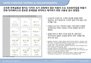 User Research: 몇 가지 방법 소개 © 2014 성균관대학교 일반대학원 휴먼ICT융합학과 교수/InnoUX CEO 최병호
All rights reserved.Main Source: Universal Methods of Design: 100 Ways to Research Complex Problems, Develop Innovative Ideas, and Design Effective Solutions by Bruce Hanington and Bella Martin (Feb 1, 2012)
RAPID ITERATIVE TESTING & EVALUATION(RITE)
122
신속한 반복실험과 평가는 디자인 초기 과정에서 많은 비용이 드는 프로토타입을 만들기
전에 인터페이스의 중요한 문제점을 파악하고 제거하기 위한 사용성 검사 방법임
• 신속하게 수정한 후, 수정한 결과를 실험을 통해
검증하는 연구 방법으로, 신속한 실험-수정-실험-수정
단계를 거침
• 사용성 보고서는 작성하지 않음. 수정사항이 반영된
프로토타입 자체가 새로운 디자인 방향을 제시하기
때문임
• 실험의 횟수는 매회 디자인 변경 후, 실패 없이
지속적으로 실험이 성공할 때까지 계속 수행함 (예)
연속 6번 성공
• Medlock, Michael C., Dennis Wixon, Mark Terrano, Ramon L. Romero, and
Bill Fulton. “Using the RITE Method to Improve Products: A Definition and
a Case Study.” UPA Conference Proceedings, 2002.
• Schrag, John. “Using Formative Usability Testing as a Fast UI Design Tool.”
UPA Conference Proceedings, 2006.
• Courage, Catherine, and Kathy Baxter. Understanding Your Users: A
Practical Guide to User Requirements Methods, Tools, and Techniques. San
Francisco, CA: Morgan Kaufmann, 2005.
• Sawyer, Paul, Alicia Flanders, and Dennis Wixon. “Making a Difference—
The Impact of Inspections.” CHI Conference Proceedings, 1996.
 