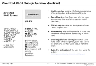 © 2014 성균관대학교 일반대학원 휴먼ICT융합학과 교수/InnoUX CEO 최병호
All rights reserved.
UX/UI 디자인 트렌드
Zero Effort UX/UI Strategic Framework(continue)
Zero Effort
UX/UI Strategy Quality in Use
I=100%, L=0%,
Ef=
M=0%, Er=0%
S=100%
Intuitive design,
ease of Learning,
Efficiency of use,
Memorability,
Error frequency and
severity,
subjective
Satisfaction
사용품질
• Intuitive design: a nearly effortless understanding
of the architecture and navigation of the site
• Ease of learning: how fast a user who has never
seen the user interface before can accomplish
basic tasks
• Efficiency of use: How fast an experienced user
can accomplish tasks
• Memorability: after visiting the site, if a user can
remember enough to use it effectively in future
visits
• Error frequency and severity: how often users
make errors while using the system, how serious
the errors are, and how users recover from the
errors
• Subjective satisfaction: If the user likes using the
system
http://www.designresourcebox.com/why-usability-is-the-most-important-aspect-of-designing-a-site/
137
“인지/시각/운동
부하와 인터페이스
복잡성을 혁신적으로
줄이고, F패턴에
부흥하며, 높은
사용품질을
내재화하는 것”
by Billy Choi
(@ILOVEHCI)
 