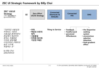© 2014 성균관대학교 일반대학원 휴먼ICT융합학과 교수/InnoUX CEO 최병호
All rights reserved.
UX/UI 디자인 트렌드
ZEC UI Strategic Framework by Billy Choi
ZEC* UX/UI
Strategy
(*ZEC=Zero Effort &
Connected(IoT/IoE))
UI
Zero Effort
UX/UI Strategy
Connected
Shortcuts &
Defaults
Connected
FFA
DAG
• 부하
• 복잡성 보존의
법칙
• 사용품질
• 만족화 원리에
기반한 F패턴
Thing to Service • Feedback
• Feedforward
• perceived
Affordances
• the Dopamine
seeking
system
• unconscious
selective
Attention
• Goal-gradient
effect
141
“기본적인 사용성과
커넥티드 기반의
사용성을 충족하면서
현실에서 제공하지
못하는 차별화된
가치와 생태계를
디자인하여 구매자의
숨은 니즈에
부합하는 것”
by Billy Choi
(@ILOVEHCI)
 