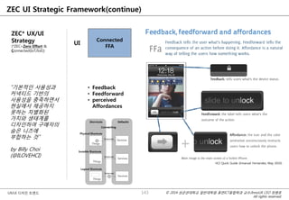 © 2014 성균관대학교 일반대학원 휴먼ICT융합학과 교수/InnoUX CEO 최병호
All rights reserved.
UX/UI 디자인 트렌드
ZEC UI Strategic Framework(continue)
ZEC* UX/UI
Strategy
(*ZEC=Zero Effort &
Connected(IoT/IoE))
UI
Connected
FFA
• Feedback
• Feedforward
• perceived
Affordances
HCI Quick Guide (Emanuel Fernandes, May 2010)
143
“기본적인 사용성과
커넥티드 기반의
사용성을 충족하면서
현실에서 제공하지
못하는 차별화된
가치와 생태계를
디자인하여 구매자의
숨은 니즈에
부합하는 것”
by Billy Choi
(@ILOVEHCI)
 