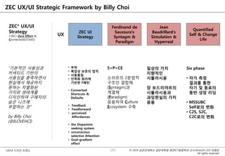 © 2014 성균관대학교 일반대학원 휴먼ICT융합학과 교수/InnoUX CEO 최병호
All rights reserved.
UX/UI 디자인 트렌드
ZEC UX/UI Strategic Framework by Billy Choi
ZEC* UX/UI
Strategy
(*ZEC=Zero Effort &
Connected(IoT/IoE))
UX
ZEC UI
Strategy
Ferdinand de
Saussure’s
Syntagm &
Paradigm
Jean
Baudrillard’s
Simulation &
Hyperreal
Quantified
Self & Change
Life
• 부하
• 복잡성 보존의 법칙
• 사용품질
• 만족화 원리에
기반한 F패턴
• Connected
Shortcuts &
Defaults
• Feedback
• Feedforward
• perceived
Affordances
• the Dopamine
seeking system
• unconscious
selective Attention
• Goal-gradient
effect
S+P=CE
소쉬르의 2분법적
구조인 결합체
(Syntagm)과
계열체
(Paradigm)
응용하여 Culture
Ecosystem 구축
일상의 가치
지향적인
시뮬라시옹
장 보드리야르의
시뮬라시옹과
과잉현실의 가치
응용
Six phase
• 자가 측정
결과를 통한
자기 및 동료의
동반 성장 리딩
• MSSUBC
Self로의 변화
• C2S, S2C,
C2C로의 변화
145
“기본적인 사용성과
커넥티드 기반의
사용성을 충족하면서
현실에서 제공하지
못하는 차별화된
가치와 생태계를
디자인하여 구매자의
숨은 니즈에
부합하는 것”
by Billy Choi
(@ILOVEHCI)
 