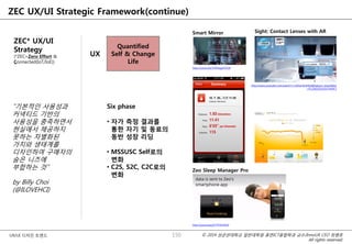 © 2014 성균관대학교 일반대학원 휴먼ICT융합학과 교수/InnoUX CEO 최병호
All rights reserved.
UX/UI 디자인 트렌드
ZEC UX/UI Strategic Framework(continue)
ZEC* UX/UI
Strategy
(*ZEC=Zero Effort &
Connected(IoT/IoE))
UX
Quantified
Self & Change
Life
Six phase
• 자가 측정 결과를
통한 자기 및 동료의
동반 성장 리딩
• MSSUSC Self로의
변화
• C2S, S2C, C2C로의
변화
150
http://youtu.be/V5RVqgmSV28
Smart Mirror
http://www.youtube.com/watch?v=GJKwHAvR4uI&feature=share&list
=PL1D61EDA3FA74A9F2
Sight: Contact Lenses with AR
http://youtu.be/j3Y7PGhHR20
Zeo Sleep Manager Pro
“기본적인 사용성과
커넥티드 기반의
사용성을 충족하면서
현실에서 제공하지
못하는 차별화된
가치와 생태계를
디자인하여 구매자의
숨은 니즈에
부합하는 것”
by Billy Choi
(@ILOVEHCI)
 