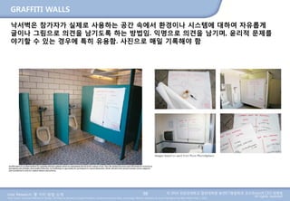 User Research: 몇 가지 방법 소개 © 2014 성균관대학교 일반대학원 휴먼ICT융합학과 교수/InnoUX CEO 최병호
All rights reserved.Main Source: Universal Methods of Design: 100 Ways to Research Complex Problems, Develop Innovative Ideas, and Design Effective Solutions by Bruce Hanington and Bella Martin (Feb 1, 2012)
GRAFFITI WALLS
98
낙서벽은 참가자가 실제로 사용하는 공간 속에서 환경이나 시스템에 대하여 자유롭게
글이나 그림으로 의견을 남기도록 하는 방법임. 익명으로 의견을 남기며, 윤리적 문제를
야기할 수 있는 경우에 특히 유용함. 사진으로 매일 기록해야 함
 