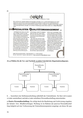 36
d)
16. a) Wählen Sie die Vor- und Nachteile zu jedem Untertitel des Organisationsdiagrams.
1. … bezeichnet eine Stellenausschreibung außerhalb des Unternehmens. Sie lässt sich in passi-
ve (oder unmittelbare) und aktive (oder mittelbare) Personalbeschaffung unterscheiden:
a) Passive Personalbeschaffung: Sie erfolgt durch die Bearbeitung und Archivierung eingehen-
der Initiativ- bzw. Blindbewerbungen. Werbung ist im Rahmen der passiven Personalbeschaf-
fung lediglich auf eine Verbesserung der Unternehmensreputation ausgelegt, um dieses für qua-
Personalbescha-
ffung
Externe Personalbe-
schaffung
Interne Personalbe-
schaffung
Vorteile Nachteile Vorteile Nachteile
 