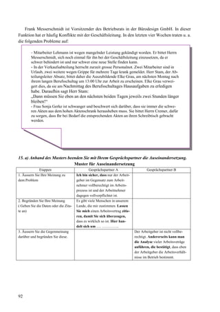 92
Frank Messerschmidt ist Vorsitzender des Betriebsrats in der Bürodesign GmbH. In dieser
Funktion hat er häufig Konflikte mit der Geschäftsleitung. In den letzten vier Wochen traten u. a.
die folgenden Probleme auf:
15. a) Anhand des Musters beenden Sie mit Ihrem Gesprächspartner die Auseinandersetzung.
Muster für Auseinandersetzung
Etappen Gesprächspartner A Gesprächspartner B
1. Äussern Sie Ihre Meinung zu
dem Problem
Ich bin sicher, dass nur der Arbeit-
geber im Gegensatz zum Arbeit-
nehmer vollberechtigt im Arbeits-
prozess ist und der Arbeitnehmer
dagegen vollverpflichtet ist.
2. Begründen Sie Ihre Meinung
( Geben Sie die Daten oder die Zita-
te an)
Es gibt viele Menschen in unserem
Lande, die mir zustimmen. Lassen
Sie mich einen Arbeitsvertrag zitie-
ren, damit Sie sich überzeugen,
dass es wirklich so ist. Hier han-
delt sich um …. …………..
3. Äussern Sie die Gegenmeinung
darüber und begründen Sie diese.
Der Arbeitgeber ist nicht vollbe-
rechtigt. Andererseits kann man
die Analyse vieler Arbeitsveträge
anführen, die bestätigt, dass eben
der Arbeitgeber die Arbeitsverhält-
nisse im Betrieb bestimmt.
- Mitarbeiter Lehmann ist wegen mangelnder Leistung gekündigt worden. Er bittet Herrn
Messerschmidt, sich noch einmal für ihn bei der Geschäftsleitung einzusetzen, da er
schwer behindert ist und nur schwer eine neue Stelle finden kann.
- In der Verkaufsabteilung herrscht zurzeit grosse Personalnot. Zwei Mitarbeiter sind in
Urlaub, zwei weitere wegen Grippe für mehrere Tage krank gemeldet. Herr Stam, der Ab-
teilungsleiter Absatz, bittet daher die Auszubildende Elke Grau, am nächsten Montag nach
ihrem langen Berufsschultag um 13:00 Uhr zur Arbeit zu erscheinen. Elke Grau verwei-
gert dies, da sie am Nachmittag des Berufsschultages Hausaufgaben zu erledigen
habe. Daraufhin sagt Herr Stam:
„Dann müssen Sie eben an den nächsten beiden Tagen jeweils zwei Stunden länger
bleiben!“
- Frau Sonja Gerke ist schwanger und beschwert sich darüber, dass sie immer die schwe-
ren Akten aus dem hohen Aktenschrank herausheben muss. Sie bittet Herrn Cremer, dafür
zu sorgen, dass Ihr bei Bedarf die entsprechenden Akten an ihren Schreibtisch gebracht
werden.
 