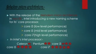 Nehalem micro architeture:-
 With the release of the Nehalem micro architeture
in nov,08 , Intel introducing a new naming scheme
for its’ core processor.
> core i3 (low level performance)
> core i5 (mid level performance)
> core i7(high level performance)
 In Intel’s intel processor:-
Celeron Pentium core i3
core i5 core i7
 