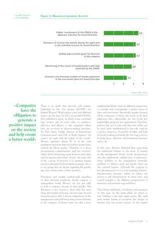 Insights & Trends 2
Gender Diversity
and Leadership
There is no doubt that diversity will redefine
leadership in the 21st century. ECOFIN and
Madrid Woman’s Week analyse every year different
aspects on this issue. In 2011, along with CESMA,
they published a report, in which it was concluded
that women add an extra value to resilience,
efficiency and efficacy to the companies where
they are involved in decision-making processes.
As Pilar Suárez Inclán, director of Institutional
Communication and CSR at Reale Seguros, “we
cannot set aside half the talent of the world”.
Women represent almost 50  % of the total
population and more than two million women have
entered the labour market. Therefore, it is about
incorporating complementary and not exclusive
talent, about “promoting equity between each other
and not against each other”. In fact, the main idea
of the concept of diversity is to optimize human
resources presented by heterogeneous groups, this is
to say, groups that are diverse regarding the gender,
age, race or nationality of their members.
Prestigious and capable professionals regardless
of their personal conditions should compose a
management board. Women are not less able
to lead a company because of their gender. The
discussion is not, however, about that but more
about the benefits of having a diverse team. Several
researches prove that a diverse composition of the
management team will bring many positive benefits
to the company. A diverse team can offer a more
enlightening debate; there are different perspectives
to consider and, consequently, a greater source of
ideas and innovation. Specifically, gender diversity
allows companies to better the needs of all their
employees who, additionally, are one of the key
stakeholders group for any organization. Therefore,
policies that are in tune with this new reality can
be more easily implemented to pave the road for
a greater awareness of equality of rights and help
reconcile working and family life: fair wage policies,
working hours, selection and promotion processes
and so on.
In this sense, Romero defended that, apart from
the traditional barriers to the entry of women
in the management board: recent incorporation
into the employment market/ lack of experience,
lower visibility in the management networks,
problems to balance work and family; there are
also cultural barriers. Although the company is
not discriminatory as it is now including positive-
discrimination measures within its values, our
society is still discriminatory in many ways, and
a good example is the different interpretation of
maternity and paternity responsibilities.
Thus, labour and family conciliation and awareness
on this issue are the main pillars on which to
start building a fair and equal society. We need
more female leaders to accelerate the change of
mindset that our society requires. In this regard,
«Companies
have the
obligation to
generate a
positive impact
on the society
and help create
a better world»
Figure 1: Measures to promote diversity
Source: PwC, 2013.
Higher involvement of the CR&N in the
applicant selection for board direction
Existance of at least one woman among the applicants
in the selection process for board direction
Setting improvement goals for diversity
in the company
Monitoring of the career of female leaders with high
potential by the CR&N
Existance of a minimum number of female applicants
in the succession plans for board direction
1 2 3
3,5
3,2
3,2
2,8
2,3
4
 