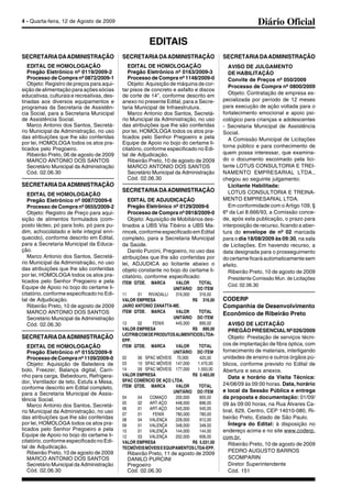 Diário Oficial4 - Quarta-feira, 12 de Agosto de 2009
EDITAIS
SECRETARIADAADMINISTRAÇÃO
EDITAL DE HOMOLOGAÇÃO
Pregão Eletrônico nº 0087/2009-6
Processo de Compra nº 0655/2009-2
Objeto: Registro de Preço para aqui-
sição de alimentos formulados (com-
posto lácteo, pó para bolo, pó para pu-
dim, achocolatado e leite integral enri-
quecido), conforme descrito em Edital,
para a Secretaria Municipal da Educa-
ção.
Marco Antonio dos Santos, Secretá-
rio Municipal da Administração, no uso
das atribuições que lhe são conferidas
por lei, HOMOLOGA todos os atos pra-
ticados pelo Senhor Pregoeiro e pela
Equipe de Apoio no bojo do certame li-
citatório, conforme especificado no Edi-
tal de Adjudicação.
Ribeirão Preto, 10 de agosto de 2009
MARCO ANTONIO DOS SANTOS
Secretário Municipal da Administração
Cód. 02.06.30
SECRETARIADAADMINISTRAÇÃO
EDITAL DE HOMOLOGAÇÃO
Pregão Eletrônico nº 0119/2009-2
Processo de Compra nº 0872/2009-1
Objeto: Registro de preços para aqui-
sição de alimentação para ações sócias
educativas, culturais e recreativas, des-
tinadas aos diversos equipamentos e
programas da Secretaria de Assistên-
cia Social, para a Secretaria Municipal
de Assistência Social.
Marco Antonio dos Santos, Secretá-
rio Municipal da Administração, no uso
das atribuições que lhe são conferidas
por lei, HOMOLOGA todos os atos pra-
ticados pelo Pregoeiro.
Ribeirão Preto, 06 de agosto de 2009
MARCO ANTONIO DOS SANTOS
Secretário Municipal da Administração
Cód. 02.06.30
SECRETARIADAADMINISTRAÇÃO
EDITAL DE HOMOLOGAÇÃO
Pregão Eletrônico nº 0155/2009-9
ProcessodeCompranº1109/2009-0
Objeto: Aquisição de Batedeira de
bolo, Freezer, Balança digital, Carri-
nho para carga, Bebedouro, Refrigera-
dor, Ventilador de teto, Estufa e Mesa,
conforme descrito em Edital completo,
para a Secretaria Municipal de Assis-
tência Social.
Marco Antonio dos Santos, Secretá-
rio Municipal da Administração, no uso
das atribuições que lhe são conferidas
por lei, HOMOLOGA todos os atos pra-
ticados pelo Senhor Pregoeiro e pela
Equipe de Apoio no bojo do certame li-
citatório, conforme especificado no Edi-
tal de Adjudicação.
Ribeirão Preto, 10 de agosto de 2009
MARCO ANTONIO DOS SANTOS
Secretário Municipal da Administração
Cód. 02.06.30
SECRETARIADAADMINISTRAÇÃO
EDITAL DE HOMOLOGAÇÃO
Pregão Eletrônico nº 0163/2009-3
Processo de Compra nº 1148/2009-0
Objeto: Aquisição de máquina de cor-
tar pisos de concreto e asfalto e discos
de corte de 14", conforme descrito em
anexo no presente Edital, para a Secre-
taria Municipal de Infraestrutura.
Marco Antonio dos Santos, Secretá-
rio Municipal da Administração, no uso
das atribuições que lhe são conferidas
por lei, HOMOLOGA todos os atos pra-
ticados pelo Senhor Pregoeiro e pela
Equipe de Apoio no bojo do certame li-
citatório, conforme especificado no Edi-
tal de Adjudicação.
Ribeirão Preto, 10 de agosto de 2009
MARCO ANTONIO DOS SANTOS
Secretário Municipal da Administração
Cód. 02.06.30
SECRETARIADAADMINISTRAÇÃO
EDITAL DE ADJUDICAÇÃO
Pregão Eletrônico nº 0129/2009-6
Processo de Compra nº 0918/2009-0
Objeto: Aquisição de Mobiliários des-
tinados a UBS Vila Tibério e UBS Ma-
rincek, conforme especificado em Edital
completo, para a Secretaria Municipal
da Saúde.
Danilo Purcini, Pregoeiro, no uso das
atribuições que lhe são conferidas por
lei, ADJUDICA ao licitante abaixo o
objeto constante no bojo do certame li-
citatório, conforme especificado:
ITEM QTDE. MARCA VALOR TOTAL
UNITÁRIO DO ITEM
11 01 RIVADALLI 316,000 316,00
VALOR EMPRESA R$ 316,00
JAIRO ANTONIO ZANATTA-ME.
ITEM QTDE. MARCA VALOR TOTAL
UNITÁRIO DO ITEM
13 02 FENIX 445,000 890,00
VALOR EMPRESA R$ 890,00
LICITRIBCOMDEPRODUTOSALIMENTICIOSLTDA-
EPP.
ITEM QTDE. MARCA VALOR TOTAL
UNITÁRIO DO ITEM
02 06 SPAC MÓVEIS 70,000 420,00
03 10 SPAC MÓVEIS 147,000 1.470,00
14 09 SPAC MÓVEIS 177,000 1.593,00
VALOR EMPRESA R$ 3.483,00
SPAC COMÉRCIO DE AÇO LTDA.
ITEM QTDE. MARCA VALOR TOTAL
UNITÁRIO DO ITEM
04 04 COMAÇO 200,000 800,00
05 02 ART-AÇO 448,000 896,00
06 01 ART-AÇO 545,000 545,00
07 01 FENIX 780,000 780,00
08 04 VALENÇA 228,000 912,00
09 01 VALENÇA 348,000 348,00
10 01 VALENÇA 144,000 144,00
12 03 VALENÇA 202,000 606,00
VALOR EMPRESA R$ 5.031,00
TECMÓVEISMÓVEISEEQUIPAMENTOSLTDA-EPP.
Ribeirão Preto, 11 de agosto de 2009
DANILO PURCINI
Pregoeiro
Cód. 02.06.30
SECRETARIADAADMINISTRAÇÃO
AVISO DE JULGAMENTO
DE HABILITAÇÃO
Convite de Preços nº 050/2009
Processo de Compra nº 0800/2009
Objeto: Contratação de empresa es-
pecializada por período de 12 meses
para execução de ação voltada para o
fortalecimento emocional e apoio psi-
cológico para crianças e adolescentes
- Secretaria Municipal de Assistência
Social.
A Comissão Municipal de Licitações
torna público e para conhecimento de
quem possa interessar, que examina-
do o documento escoimado pela lici-
tante LOTUS CONSULTORIA E TREI-
NAMENTO EMPRESARIAL LTDA.,
chegou ao seguinte julgamento:
Licitante Habilitada:
LOTUS CONSULTORIA E TREINA-
MENTO EMPRESARIAL LTDA.
Em conformidade com o Artigo 109, §
6º da Lei 8.666/93, a Comissão conce-
de, após esta publicação, o prazo para
interposição de recurso, ficando a aber-
tura do envelope de nº 02 marcada
para o dia 18/08/2009 às 09:30, na sala
de Licitações. Em havendo recurso, a
data designada para o prosseguimento
docertameficaráautomaticamentesem
efeito.
Ribeirão Preto, 10 de agosto de 2009
Presidente Comissão Mun. de Licitações
Cód. 02.06.30
CODERP
Companhia de Desenvolvimento
Econômico de Ribeirão Preto
AVISO DE LICITAÇÃO
PREGÃOPRESENCIALNº026/2009
Objeto: Prestação de serviços técni-
cos de implantação de fibra óptica, com
fornecimento de materiais, interligando
unidades de ensino e outros órgãos pú-
blicos, conforme previsto no Edital de
Abertura e seus anexos.
Data e horário da Visita Técnica:
24/08/09 às 09:00 horas. Data, horário
e local da Sessão Pública e entrega
da proposta e documentação: 01/09/
09 às 09:00 horas, na Rua Álvares Ca-
bral, 629, Centro, CEP 14010-080, Ri-
beirão Preto, Estado de São Paulo.
Íntegra do Edital: à disposição no
endereço acima e no site www.coderp.
com.br.
Ribeirão Preto, 10 de agosto de 2009
PEDRO AUGUSTO BARROS
SCOMPARIN
Diretor Superintendente
Cód. 151
 
