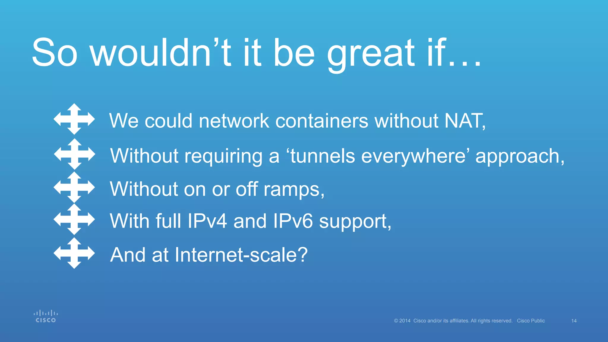 14© 2014 Cisco and/or its affiliates. All rights reserved. Cisco Public
So wouldn’t it be great if…
We could network containers without NAT,
Without requiring a ‘tunnels everywhere’ approach,
Without on or off ramps,
With full IPv4 and IPv6 support,
And at Internet-scale?
 