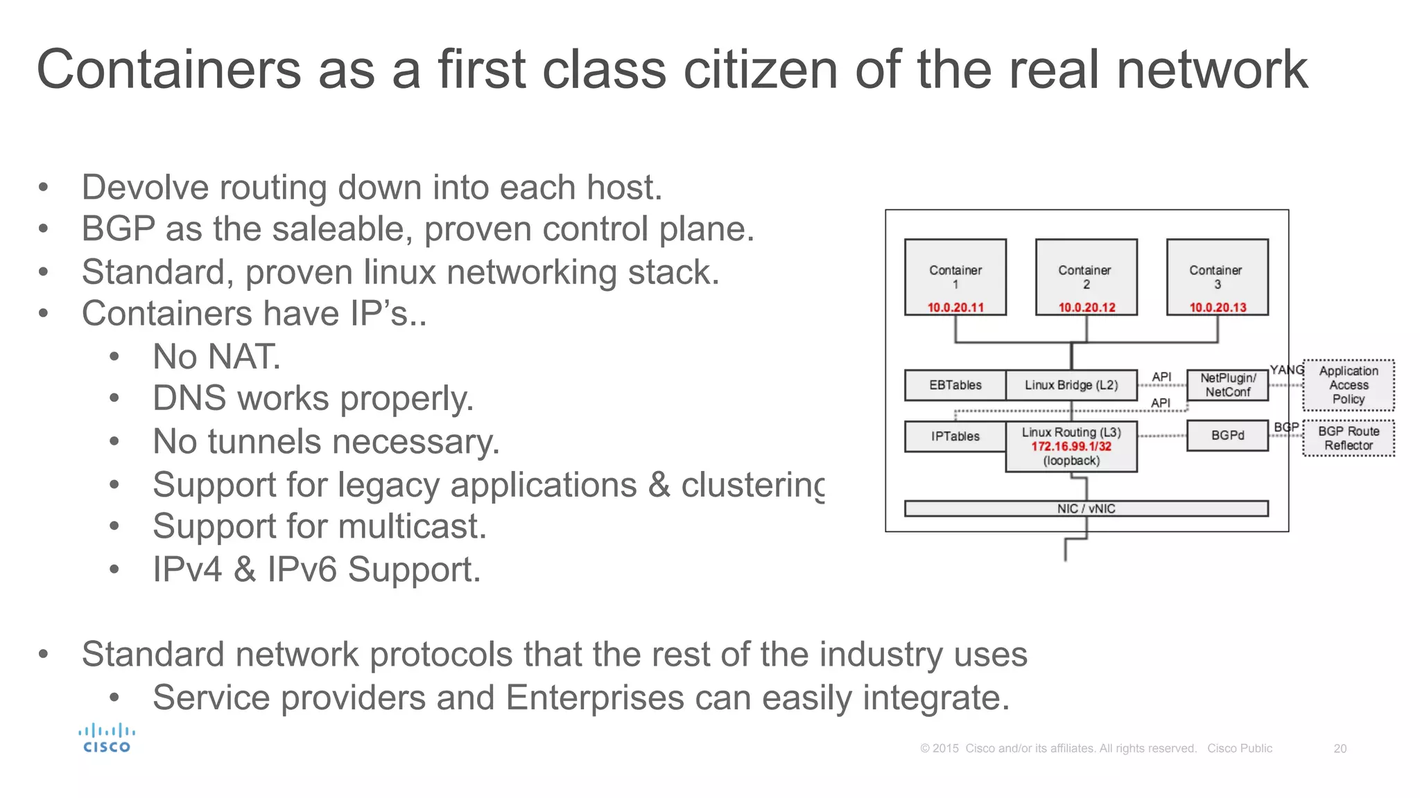 20© 2015 Cisco and/or its affiliates. All rights reserved. Cisco Public
Containers as a first class citizen of the real network
•  Devolve routing down into each host.
•  BGP as the saleable, proven control plane.
•  Standard, proven linux networking stack.
•  Containers have IP’s..
•  No NAT.
•  DNS works properly.
•  No tunnels necessary.
•  Support for legacy applications & clustering.
•  Support for multicast.
•  IPv4 & IPv6 Support.
•  Standard network protocols that the rest of the industry uses
•  Service providers and Enterprises can easily integrate.
 