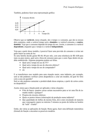 Prof. Joaquim Rodrigues
3
Também, podemos fazer uma representação gráfica:
Observe que as variáveis, nessa situação, são o tempo e o consumo, que são os nossos
dois conjuntos, onde a variável tempo será o domínio e a variável consumo, o contra-
domínio. Veja que o consumo depende do tempo de uso. Assim, o consumo é a variável
dependente, enquanto que o tempo é a variável independente.
Veja que a partir desse modelo, é possível fazer uma previsão de consumo e evitar um
gasto maior na conta de luz.
Se uma família decide gastar R$ 60, 00 por mês, com uma tolerância de R$ 4,00 para
mais ou para menos, qual será a faixa de consumo para que o custo fique dentro do pa-
drão estabelecido. Algumas perguntas podem ser feitas.
• Qual será o tempo de uso da TV?
• Qual será o tempo de uso do chuveiro elétrico?
• Qual será o tempo de uso do computador?
• etc
E se transferimos esse modelo para uma situação maior, uma indústria, por exemplo,
será se não podemos verificar certos desperdícios e criar um modelo, tal qual foi feito
com a casa em questão?
Será se não podemos aumentar a produtividade dessa empresa, a partir de certos cortes
no desperdício?
Assim, temos que a função pode ser aplicada a várias situações:
• Filas de banco: quantos caixas seriam necessários para se ter uma fila de ta-
manho médio x qualquer?
• Projetos de circuitos elétricos
• Quais os pontos ótimos (otimização) de produção numa indústria?
• Que quantidade de ônibus da mesma frota, deve estar circulando de maneira
que o passageiro espere no máximo 5 minutos no ponto de ônibus no horário
de “rush” à tarde?
Então, são várias as aplicações de função. Resta agora, fazer uma definição matemática
(formal) de função e encontrar os possíveis modelos.
0,05
0,10
0,15
0,20
Consumo (Kwh)
1 2 3 4 Tempo (h)
 