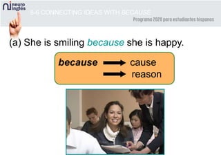 8-6 CONNECTING IDEAS WITH BECAUSE
(a) She is smiling because she is happy.
because cause
reason
 