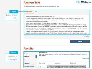 Body of Text
URL
Keywords
Concepts
Output
Input
https://alchemy-language-demo.mybluemix.net/
 