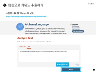 22
왓슨으로 키워드 추출하기
3
#대신읽어줘!
수집한 URL을 Watson에 넣고,
https://alchemy-language-demo.mybluemix.net/
 