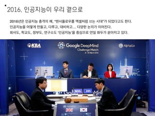 2016, 인공지능이 우리 곁으로
5
2016년은 인공지능 충격의 해, “텐서플로우를 엑셀처럼 쓰는 시대”가 되었다고도 한다.
인공지능을 어떻게 만들고, 다루고, 대비하고… 다양한 논의가 이어진다.
회사도, 학교도, 정부도, 연구소도 ‘인공지능’을 중심으로 연일 화두가 쏟아지고 있다.
 