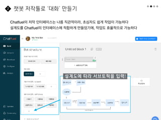 54
Chatfuel의 저작 인터페이스는 나름 직관적이라, 초심자도 쉽게 작업이 가능하다
설계도를 Chatfuel의 인터페이스에 적합하게 만들었기에, 작업도 효율적으로 가능하다
챗봇 저작툴로 ‘대화’ 만들기
2
설계도에 따라 서브토픽을 입력!
 