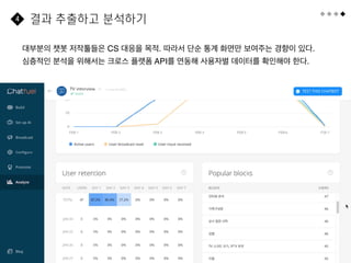 61
결과 추출하고 분석하기
4
대부분의 챗봇 저작툴들은 CS 대응을 목적. 따라서 단순 통계 화면만 보여주는 경향이 있다.
심층적인 분석을 위해서는 크로스 플랫폼 API를 연동해 사용자별 데이터를 확인해야 한다.
 