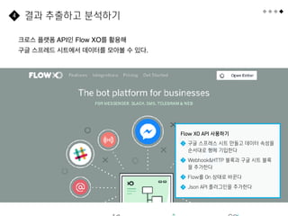 62
결과 추출하고 분석하기
4
크로스 플랫폼 API인 Flow XO를 활용해
구글 스프레드 시트에서 데이터를 모아볼 수 있다.
Flow XO API 사용하기
구글 스프레스 시트 만들고 데이터 속성을
순서대로 행에 기입한다
Webhook&HTTP 블록과 구글 시트 블록
을 추가한다
Flow를 On 상태로 바꾼다
Json API 플러그인을 추가한다
1
2
3
4
 