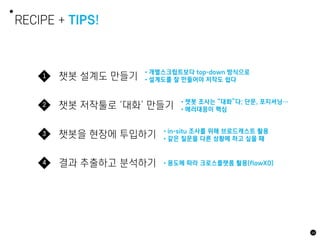 RECIPE + TIPS!
64
챗봇 설계도 만들기
1
챗봇 저작툴로 ‘대화’ 만들기
2
챗봇을 현장에 투입하기
3
결과 추출하고 분석하기
4
•개별스크립트보다 top-down 방식으로
•설계도를 잘 만들어야 저작도 쉽다
•챗봇 조사는 “대화”다; 단문, 포지셔닝…
•에러대응이 핵심
•용도에 따라 크로스플랫폼 활용(flowXO)
•in-situ 조사를 위해 브로드캐스트 활용
•같은 질문을 다른 상황에 하고 싶을 때
 