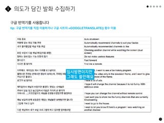 의도가 담긴 발화 수집하기
75
구글 번역기를 사용합니다
tip: 구글 번역기를 직접 이용하거나 구글 시트의 =GOOGLETRANSLATE() 함수 이용
1
임시방편이지만
그래도 쓸만해요
 
