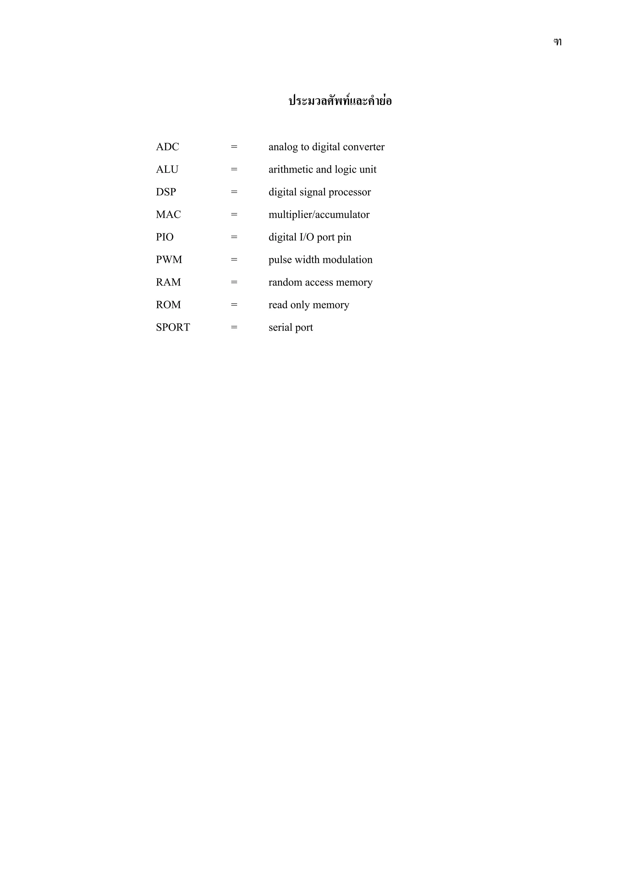 ฑ
ประมวลศัพทและคํายอ
ADC = analog to digital converter
ALU = arithmetic and logic unit
DSP = digital signal processor
MAC = multiplier/accumulator
PIO = digital I/O port pin
PWM = pulse width modulation
RAM = random access memory
ROM = read only memory
SPORT = serial port
 