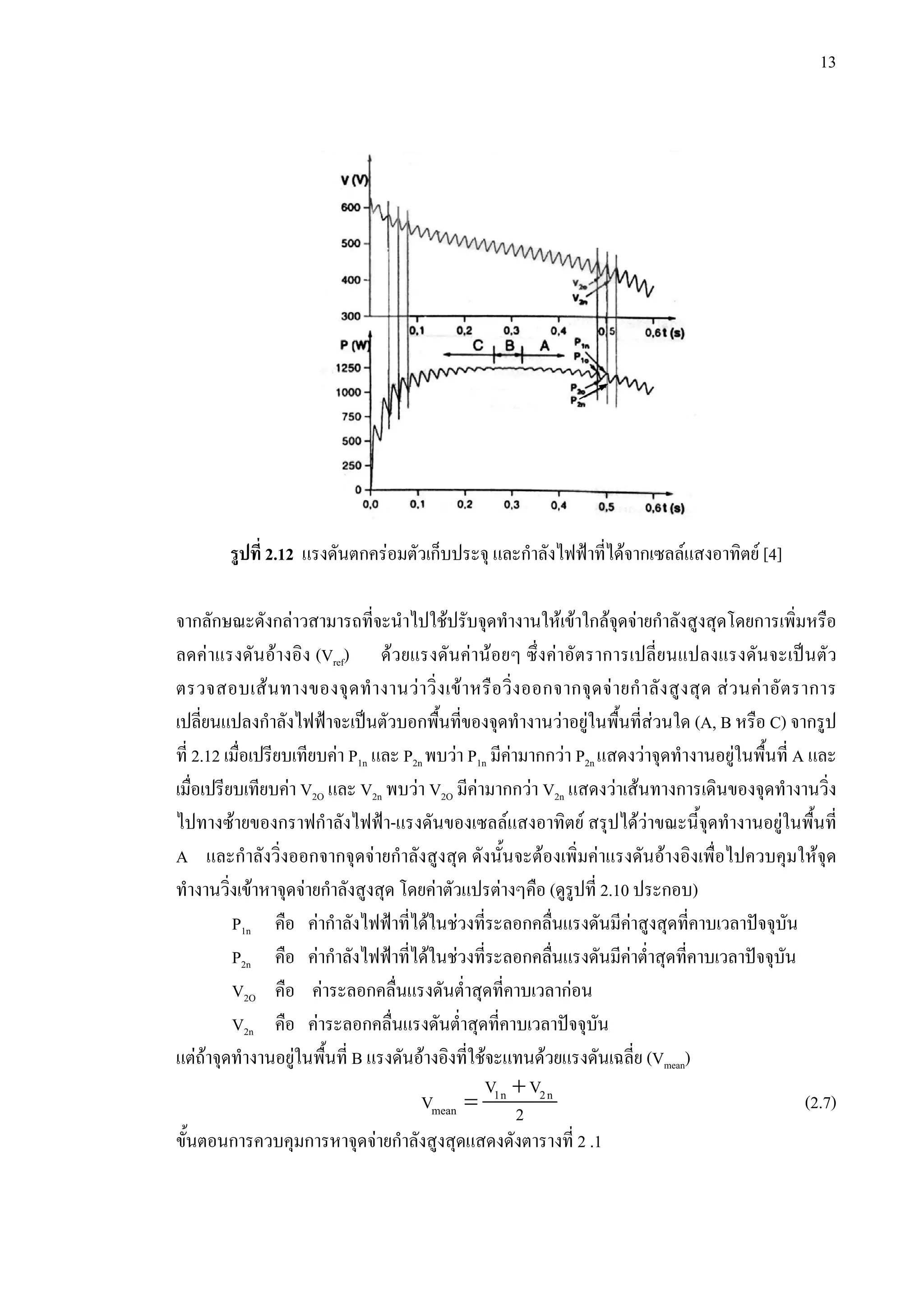 13
รูปที่ 2.12 แรงดันตกครอมตัวเก็บประจุ และกําลังไฟฟาที่ไดจากเซลลแสงอาทิตย [4]
จากลักษณะดังกลาวสามารถที่จะนําไปใชปรับจุดทํางานใหเขาใกลจุดจายกําลังสูงสุดโดยการเพิ่มหรือ
ลดคาแรงดันอางอิง (Vref) ดวยแรงดันคานอยๆ ซึ่งคาอัตราการเปลี่ยนแปลงแรงดันจะเปนตัว
ตรวจสอบเสนทางของจุดทํางานวาวิ่งเขาหรือวิ่งออกจากจุดจายกําลังสูงสุด สวนคาอัตราการ
เปลี่ยนแปลงกําลังไฟฟาจะเปนตัวบอกพื้นที่ของจุดทํางานวาอยูในพื้นที่สวนใด (A, B หรือ C) จากรูป
ที่ 2.12 เมื่อเปรียบเทียบคา P1n และ P2n พบวา P1n มีคามากกวา P2n แสดงวาจุดทํางานอยูในพื้นที่ A และ
เมื่อเปรียบเทียบคา V2O และ V2n พบวา V2O มีคามากกวา V2n แสดงวาเสนทางการเดินของจุดทํางานวิ่ง
ไปทางซายของกราฟกําลังไฟฟา-แรงดันของเซลลแสงอาทิตย สรุปไดวาขณะนี้จุดทํางานอยูในพื้นที่
A และกําลังวิ่งออกจากจุดจายกําลังสูงสุด ดังนั้นจะตองเพิ่มคาแรงดันอางอิงเพื่อไปควบคุมใหจุด
ทํางานวิ่งเขาหาจุดจายกําลังสูงสุด โดยคาตัวแปรตางๆคือ (ดูรูปที่ 2.10 ประกอบ)
P1n คือ คากําลังไฟฟาที่ไดในชวงที่ระลอกคลื่นแรงดันมีคาสูงสุดที่คาบเวลาปจจุบัน
P2n คือ คากําลังไฟฟาที่ไดในชวงที่ระลอกคลื่นแรงดันมีคาต่ําสุดที่คาบเวลาปจจุบัน
V2O คือ คาระลอกคลื่นแรงดันต่ําสุดที่คาบเวลากอน
V2n คือ คาระลอกคลื่นแรงดันต่ําสุดที่คาบเวลาปจจุบัน
แตถาจุดทํางานอยูในพื้นที่ B แรงดันอางอิงที่ใชจะแทนดวยแรงดันเฉลี่ย (Vmean)
+
= 1n 2n
mean
V V
V 2 (2.7)
ขั้นตอนการควบคุมการหาจุดจายกําลังสูงสุดแสดงดังตารางที่ 2 .1
 