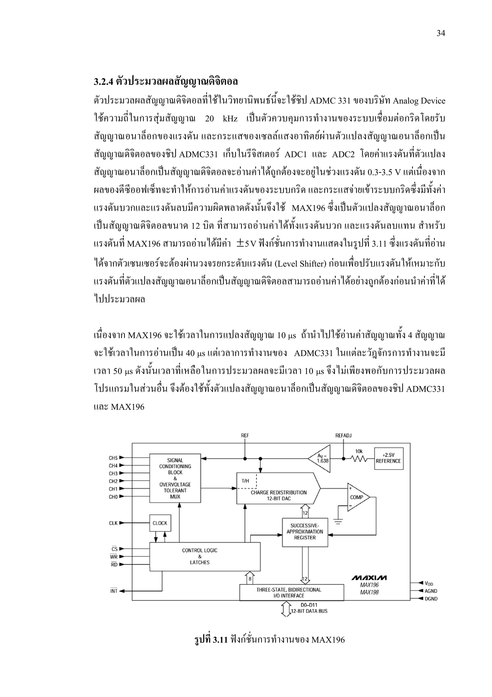 34
3.2.4 ตัวประมวลผลสัญญาณดิจิตอล
ตัวประมวลผลสัญญาณดิจิตอลที่ใชในวิทยานิพนธนี้จะใชชิป ADMC 331 ของบริษัท Analog Device
ใชความถี่ในการสุมสัญญาณ 20 kHz เปนตัวควบคุมการทํางานของระบบเชื่อมตอกริดโดยรับ
สัญญาณอนาล็อกของแรงดัน และกระแสของเซลลแสงอาทิตยผานตัวแปลงสัญญาณอนาล็อกเปน
สัญญาณดิจิตอลของชิป ADMC331 เก็บในรีจิสเตอร ADC1 และ ADC2 โดยคาแรงดันที่ตัวแปลง
สัญญาณอนาล็อกเปนสัญญาณดิจิตอลจะอานคาไดถูกตองจะอยูในชวงแรงดัน 0.3-3.5 V แตเนื่องจาก
ผลของดีซีออฟเซ็ทจะทําใหการอานคาแรงดันของระบบกริด และกระแสจายเขาระบบกริดซึ่งมีทั้งคา
แรงดันบวกและแรงดันลบมีความผิดพลาดดังนั้นจึงใช MAX196 ซึ่งเปนตัวแปลงสัญญาณอนาล็อก
เปนสัญญาณดิจิตอลขนาด 12 บิต ที่สามารถอานคาไดทั้งแรงดันบวก และแรงดันลบแทน สําหรับ
แรงดันที่ MAX196 สามารถอานไดมีคา ±5Vฟงกชั่นการทํางานแสดงในรูปที่ 3.11 ซึ่งแรงดันที่อาน
ไดจากตัวเซนเซอรจะตองผานวงจรยกระดับแรงดัน (Level Shifter) กอนเพื่อปรับแรงดันใหเหมาะกับ
แรงดันที่ตัวแปลงสัญญาณอนาล็อกเปนสัญญาณดิจิตอลสามารถอานคาไดอยางถูกตองกอนนําคาที่ได
ไปประมวลผล
เนื่องจาก MAX196 จะใชเวลาในการแปลงสัญญาณ 10 µs ถานําไปใชอานคาสัญญาณทั้ง 4 สัญญาณ
จะใชเวลาในการอานเปน 40 µs แตเวลาการทํางานของ ADMC331 ในแตละวัฎจักรการทํางานจะมี
เวลา 50 µs ดังนั้นเวลาที่เหลือในการประมวลผลจะมีเวลา 10 µs จึงไมเพียงพอกับการประมวลผล
โปรแกรมในสวนอื่น จึงตองใชทั้งตัวแปลงสัญญาณอนาล็อกเปนสัญญาณดิจิตอลของชิป ADMC331
และ MAX196
รูปที่ 3.11 ฟงกชั่นการทํางานของ MAX196
 