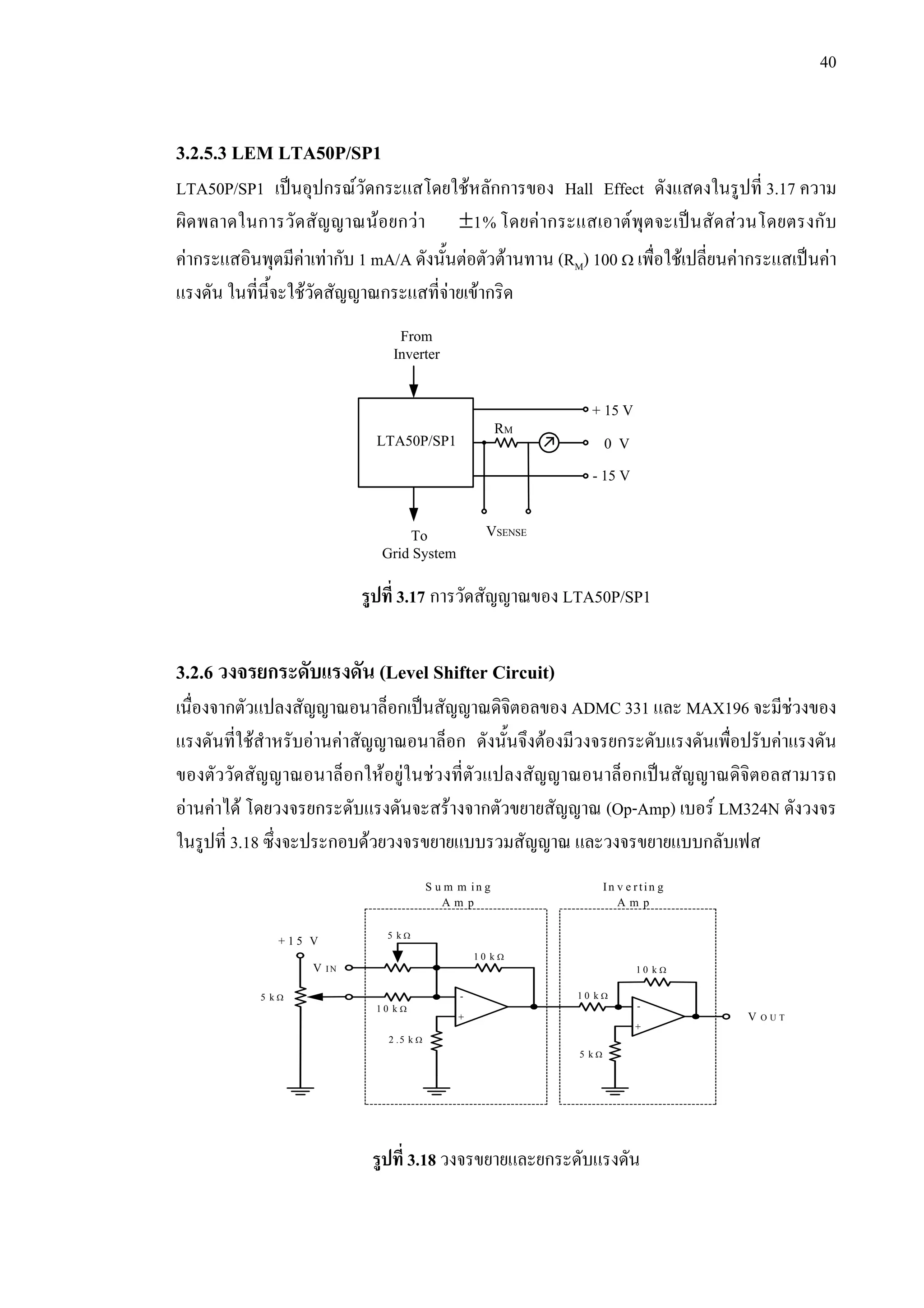 40
3.2.5.3 LEM LTA50P/SP1
LTA50P/SP1 เปนอุปกรณวัดกระแสโดยใชหลักการของ Hall Effect ดังแสดงในรูปที่ 3.17 ความ
ผิดพลาดในการวัดสัญญาณนอยกวา ±1% โดยคากระแสเอาตพุตจะเปนสัดสวนโดยตรงกับ
คากระแสอินพุตมีคาเทากับ 1 mA/A ดังนั้นตอตัวตานทาน (RM) 100 Ω เพื่อใชเปลี่ยนคากระแสเปนคา
แรงดัน ในที่นี้จะใชวัดสัญญาณกระแสที่จายเขากริด
รูปที่ 3.17 การวัดสัญญาณของ LTA50P/SP1
3.2.6 วงจรยกระดับแรงดัน (Level Shifter Circuit)
เนื่องจากตัวแปลงสัญญาณอนาล็อกเปนสัญญาณดิจิตอลของ ADMC 331 และ MAX196 จะมีชวงของ
แรงดันที่ใชสําหรับอานคาสัญญาณอนาล็อก ดังนั้นจึงตองมีวงจรยกระดับแรงดันเพื่อปรับคาแรงดัน
ของตัววัดสัญญาณอนาล็อกใหอยูในชวงที่ตัวแปลงสัญญาณอนาล็อกเปนสัญญาณดิจิตอลสามารถ
อานคาได โดยวงจรยกระดับแรงดันจะสรางจากตัวขยายสัญญาณ (Op-Amp) เบอร LM324N ดังวงจร
ในรูปที่ 3.18 ซึ่งจะประกอบดวยวงจรขยายแบบรวมสัญญาณ และวงจรขยายแบบกลับเฟส
รูปที่ 3.18 วงจรขยายและยกระดับแรงดัน
+
-
+
-
V I N
V O U T
+ 1 5 V
S u m m in g
A m p
In v e r tin g
A m p
5 k Ω
5 k Ω
1 0 k Ω
1 0 k Ω
1 0 k Ω
5 k Ω
2 .5 k Ω
1 0 k Ω
LTA50P/SP1
+ 15 V
- 15 V
0 V
RM
VSENSE
From
Inverter
To
Grid System
 