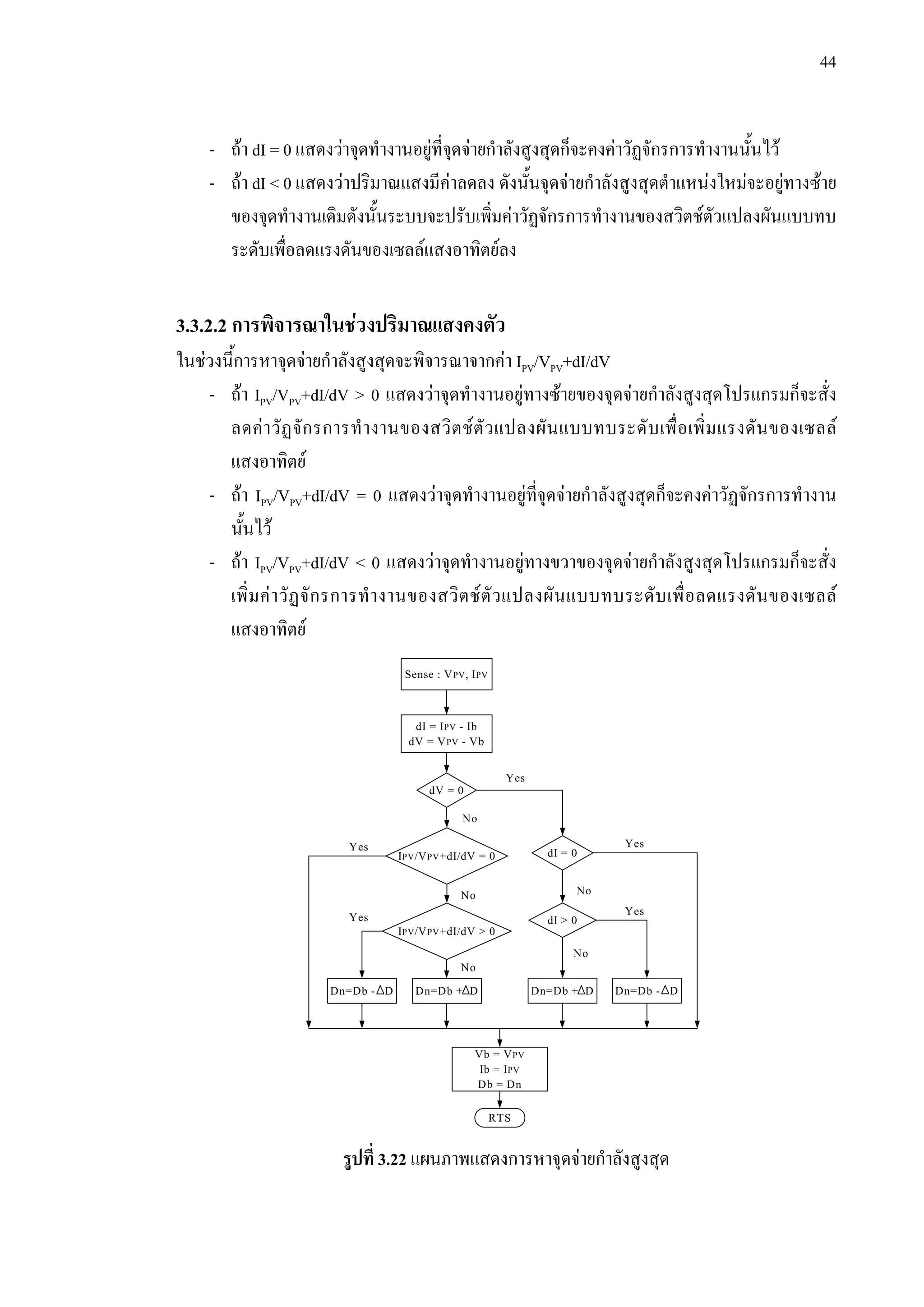 44
- ถา dI = 0 แสดงวาจุดทํางานอยูที่จุดจายกําลังสูงสุดก็จะคงคาวัฏจักรการทํางานนั้นไว
- ถา dI < 0 แสดงวาปริมาณแสงมีคาลดลง ดังนั้นจุดจายกําลังสูงสุดตําแหนงใหมจะอยูทางซาย
ของจุดทํางานเดิมดังนั้นระบบจะปรับเพิ่มคาวัฏจักรการทํางานของสวิตชตัวแปลงผันแบบทบ
ระดับเพื่อลดแรงดันของเซลลแสงอาทิตยลง
3.3.2.2 การพิจารณาในชวงปริมาณแสงคงตัว
ในชวงนี้การหาจุดจายกําลังสูงสุดจะพิจารณาจากคา IPV/VPV+dI/dV
- ถา IPV/VPV+dI/dV > 0 แสดงวาจุดทํางานอยูทางซายของจุดจายกําลังสูงสุดโปรแกรมก็จะสั่ง
ลดคาวัฏจักรการทํางานของสวิตชตัวแปลงผันแบบทบระดับเพื่อเพิ่มแรงดันของเซลล
แสงอาทิตย
- ถา IPV/VPV+dI/dV = 0 แสดงวาจุดทํางานอยูที่จุดจายกําลังสูงสุดก็จะคงคาวัฏจักรการทํางาน
นั้นไว
- ถา IPV/VPV+dI/dV < 0 แสดงวาจุดทํางานอยูทางขวาของจุดจายกําลังสูงสุดโปรแกรมก็จะสั่ง
เพิ่มคาวัฏจักรการทํางานของสวิตชตัวแปลงผันแบบทบระดับเพื่อลดแรงดันของเซลล
แสงอาทิตย
รูปที่ 3.22 แผนภาพแสดงการหาจุดจายกําลังสูงสุด
Sense : VPV, IPV
dI = IPV - Ib
dV = VPV - Vb
dV = 0
dI = 0IPV/VPV+dI/dV = 0
IPV/VPV+dI/dV > 0
dI > 0
Dn=Db - D Dn=Db + D Dn=Db - DDn=Db + D
Vb = VPV
Ib = IPV
Db = Dn
Yes
No
Yes
Yes
Yes
Yes
No
No
No
No
RTS
 